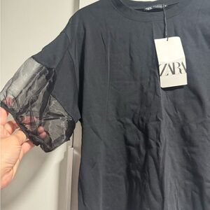 Zara Black Women  Shirt with Sheer Sleeve Detail